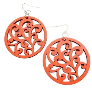 Bold Red Wood Scrollwork Earrings with Filigree Design